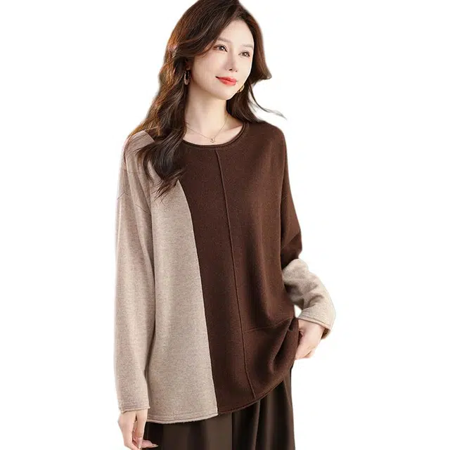 稻草人 品质女装全毛韩版宽松休闲柔软拼色保暖时尚羊毛针织衫 女款