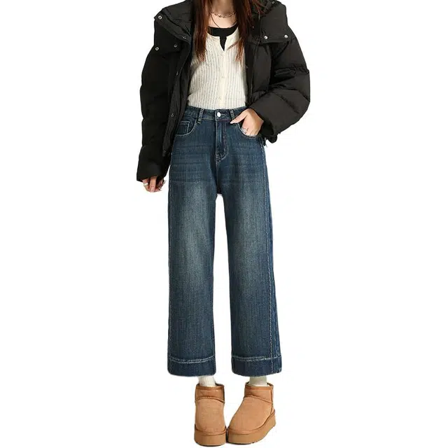 宝米卡 美式简约基础高街通勤四季小个子弹力直筒长裤高腰百搭八九分烟管奶奶裤保暖加绒牛仔裤 女款