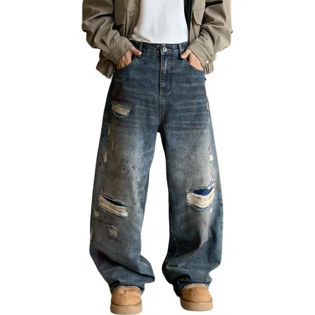 宝米卡  美式高街复古涂鸦喷墨破洞宽松直筒显瘦拖地裤子牛仔裤 男女同款