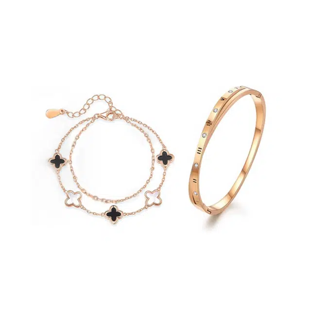 【S999纯银&幸运女孩】 银彦 优雅公主手饰 经典四叶草 双层叠戴手镯  可调节玫瑰金 浪漫仪式感约会告白礼盒 足银 手链 女款