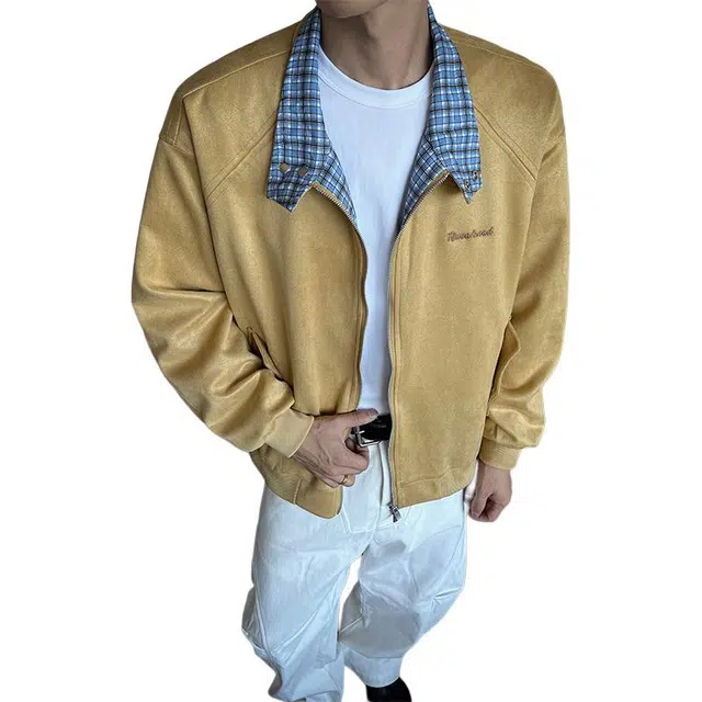 佐菲利 美式格子拼接麂皮绒空气层休闲外套复古慵懒风上衣夹克 男女同款