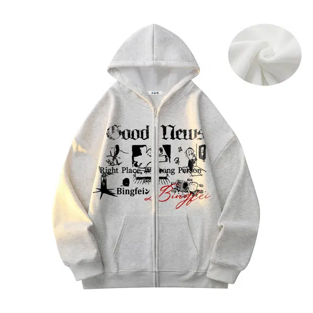 冰飞 美式复古高街荆棘字母印花基础款简约连帽开衫外套学生情侣日常宽松休闲百搭加绒加厚保暖卫衣 男女同款