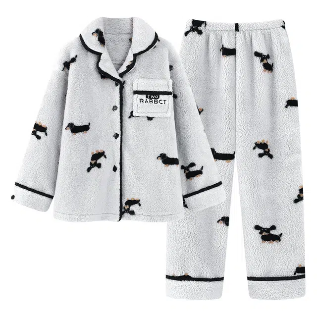 俏霓桐 简约加绒加厚保暖蓄温可爱卡通休闲甜美翻领家居服可外穿睡衣套装 女款