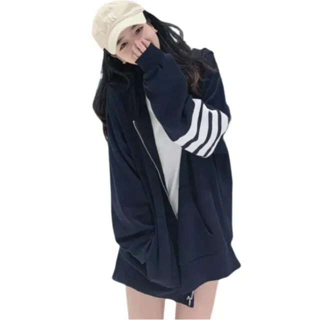 荟萃阁 韩系时尚开衫连帽条纹双层帽卫衣 女款