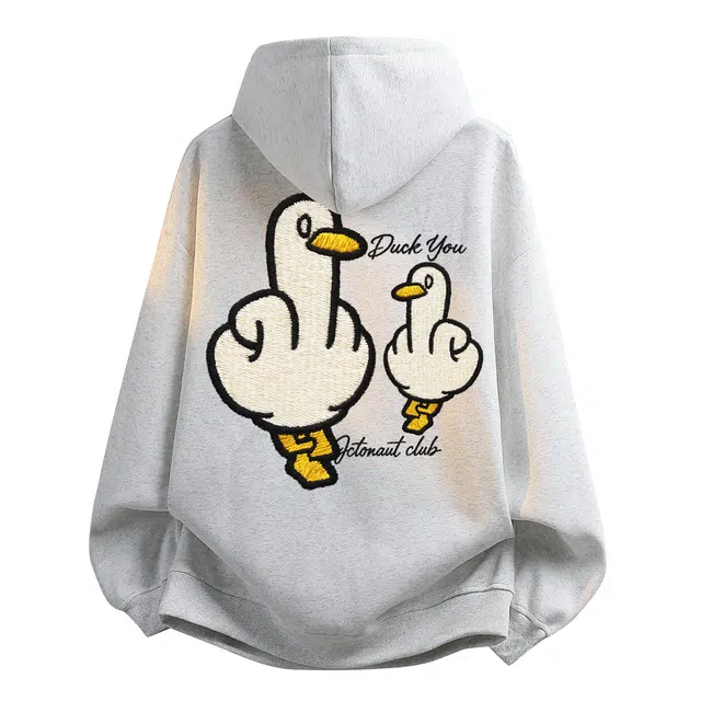 海底小纵队 创意潮人必备美式高街卡通仿刺绣大白鸭艺术字母后背印花宽松版型裁剪落肩多场景适用穿搭连帽时尚套头百搭卫衣 男女同款