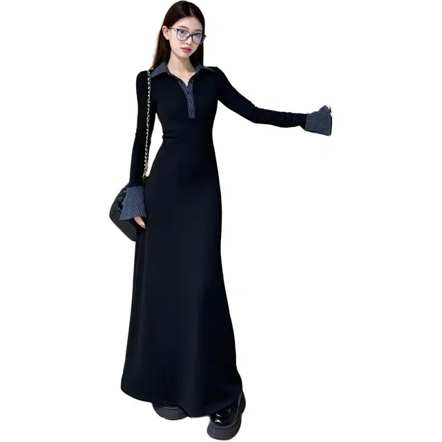 小卷要加油 黑色高级感气质翻领女冬季收腰修身显瘦荷叶边长裙长袖连衣裙 女款