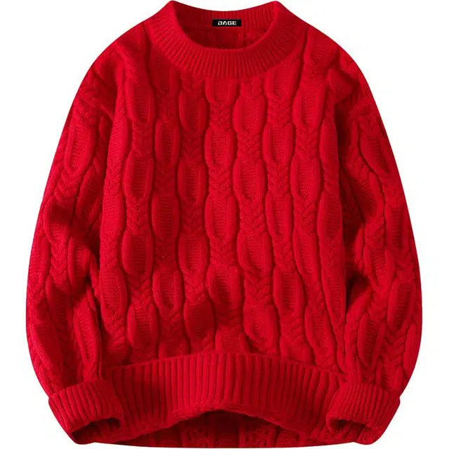 八哥 美式高街复古基础款百搭时尚纹理设计宽松保暖无性别主义日常通勤圆领套头慵懒风小众高级感长袖针织衫 男女同款