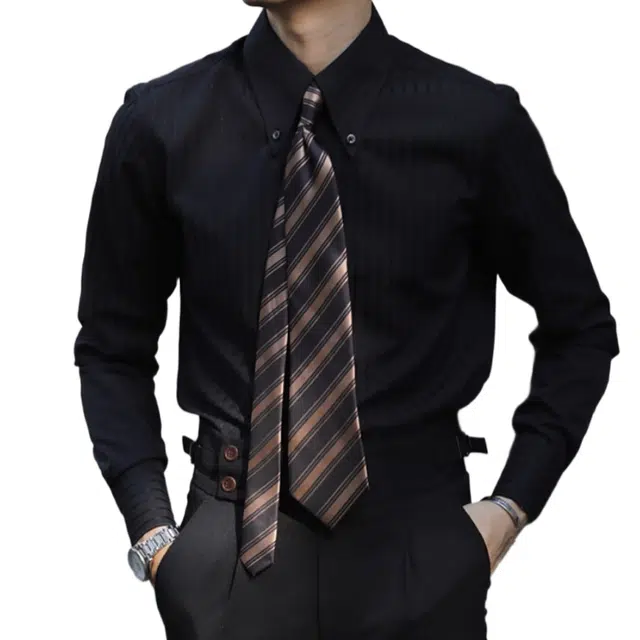 大格子与黑猫 意式儒雅长尖领扣领抗皱修身欧美雅痞有型商务长袖条纹衬衫 男款