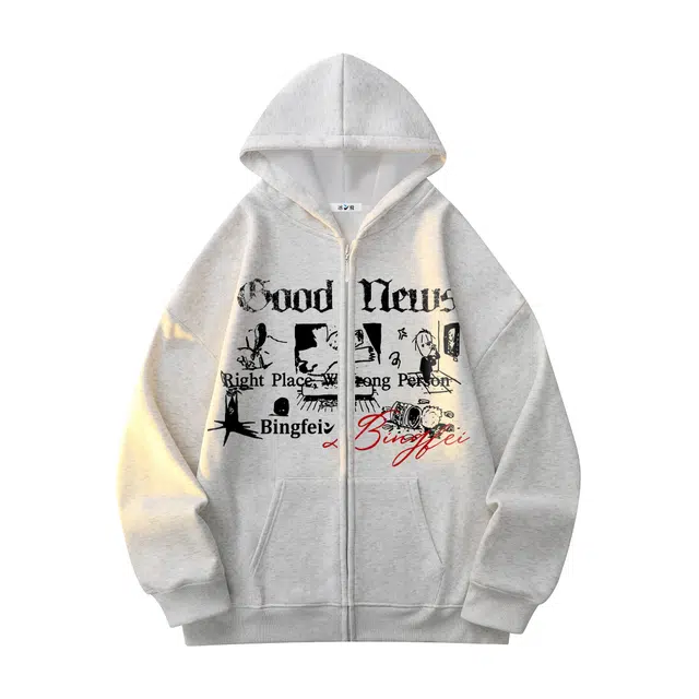 冰飞 美式复古高街荆棘字母印花基础款简约连帽开衫外套学生情侣日常宽松休闲百搭加绒加厚保暖卫衣 男女同款
