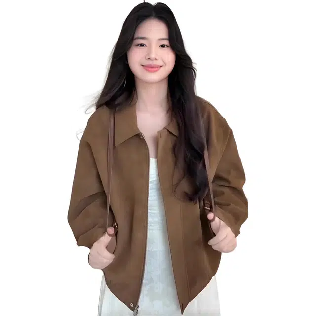 囍鱼少女 美式复古高级感咖色麂皮绒外套女春秋季宽松休闲百搭翻领上衣夹克 女款