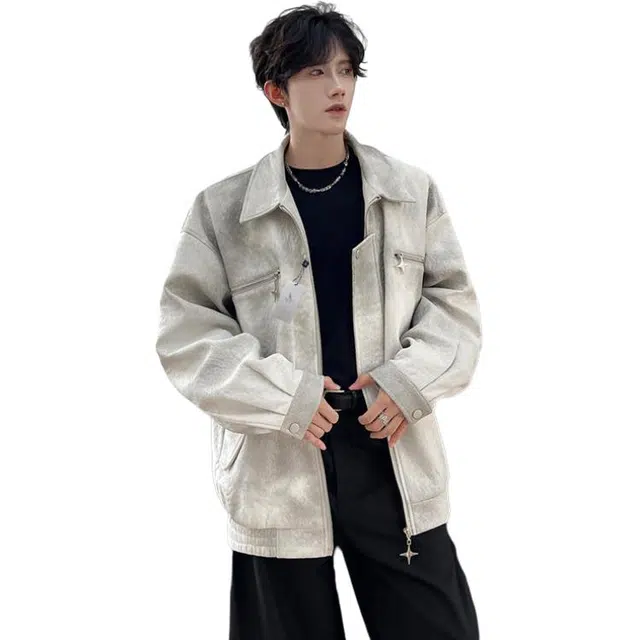 袋鼠 高街美式复古翻领秋季韩系慵懒松弛氛围情侣百搭痞帅时尚外套夹克 男女同款