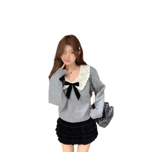 玉儿恋 甜美蝴蝶结毛衣女秋冬小个子宽松慵懒上衣针织衫 女款