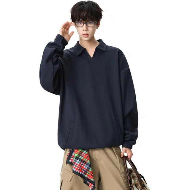 洋气先生 洋气潮牌美式风格纯色基础休闲宽松套头学院风翻领长袖日常通勤户外运动徒步轻盈舒适百搭无性别主义上衣卫衣 男女同款