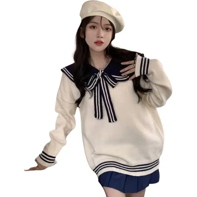 纤丝鸟 学院海军娃娃宽松减龄甜美外穿洋气显瘦衫上衣针织衫 女款