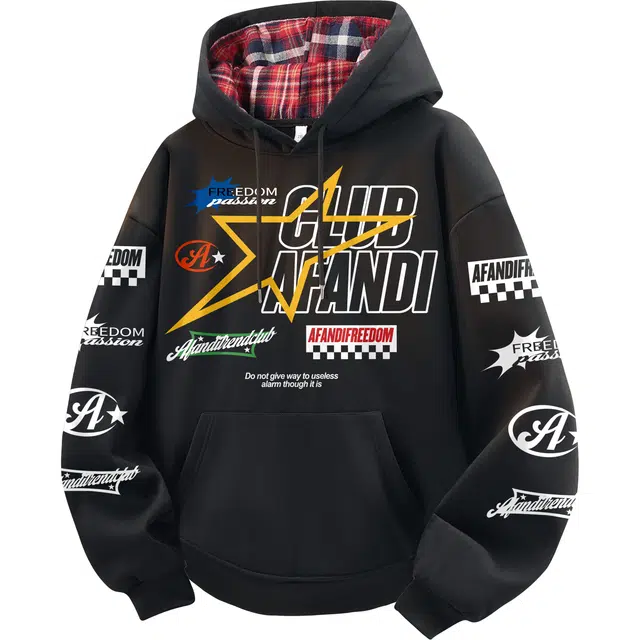 阿凡迪 美式复古街头简约基础格纹拼接设计个性创意赛车风星星字母潮牌印花宽松舒适休闲百搭时尚潮流日常通勤抽绳长袖连帽卫衣 男女同款