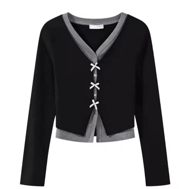 纤丝鸟 法式设计感蝴蝶结衫黑色假两件撞色修身长袖上衣针织衫 女款