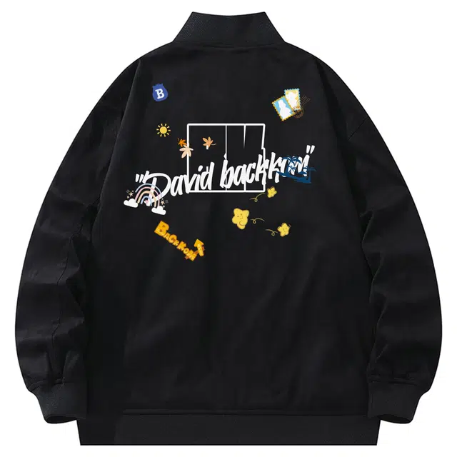 大卫贝肯 美式潮流高街复古印花字母拉链宽松百搭舒适加厚保暖防风夹克 男女同款