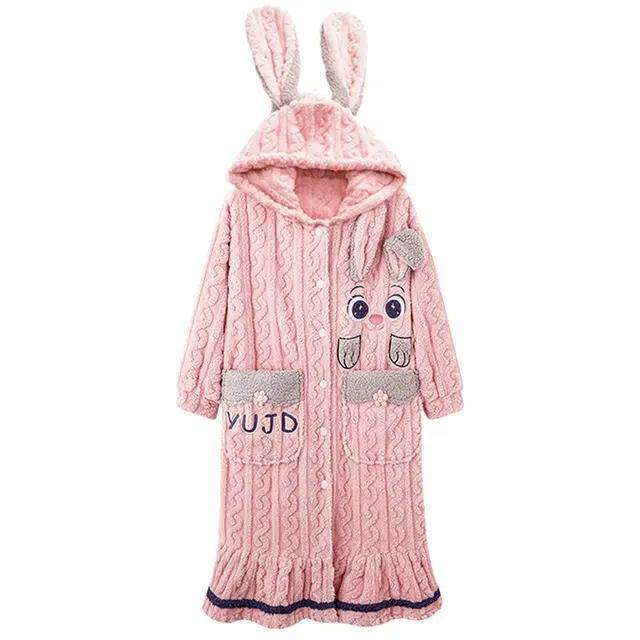 俞兆林 可爱小兔卡通高级感柔软保暖珊瑚绒长款连帽睡衣浴袍甜美少女舒适家居服睡袍 秋冬季 女款