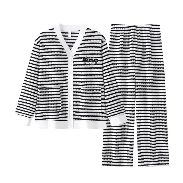 静英鸾 简约黑白条纹卡通可爱柔软舒适可外穿家居服睡衣套装 女款
