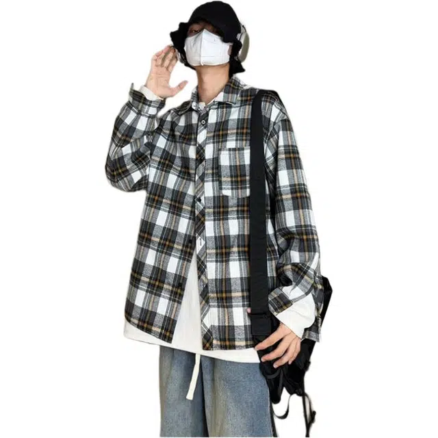 拓菲 美式复古格子长袖男士春秋季潮牌慵懒风宽松学生衬衣外套衬衫 男女同款