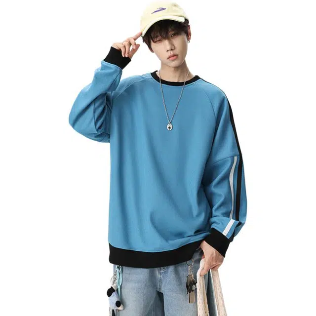 洋气先生 洋气潮牌美式撞色基础侧边条纹套头圆领宽松落肩设计高级感纯色无性别主义上衣日常户外通勤休闲徒步舒适百搭长袖卫衣 男女同款