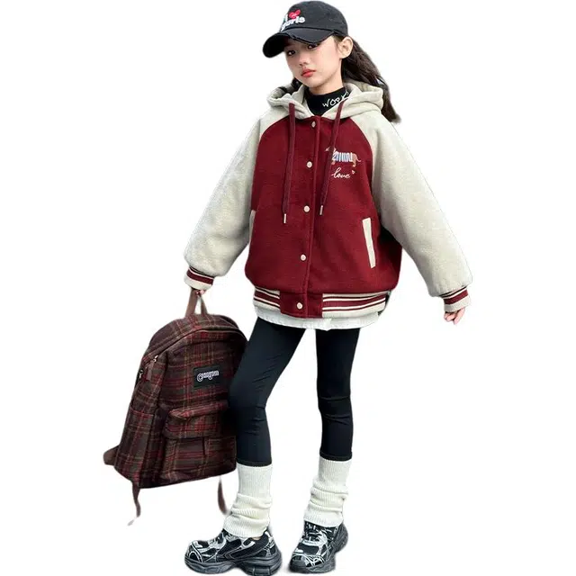 帕兰朵 棒球服 女童秋冬季时尚潮流百搭连帽单排扣夹棉加厚狗狗刺绣毛呢外套