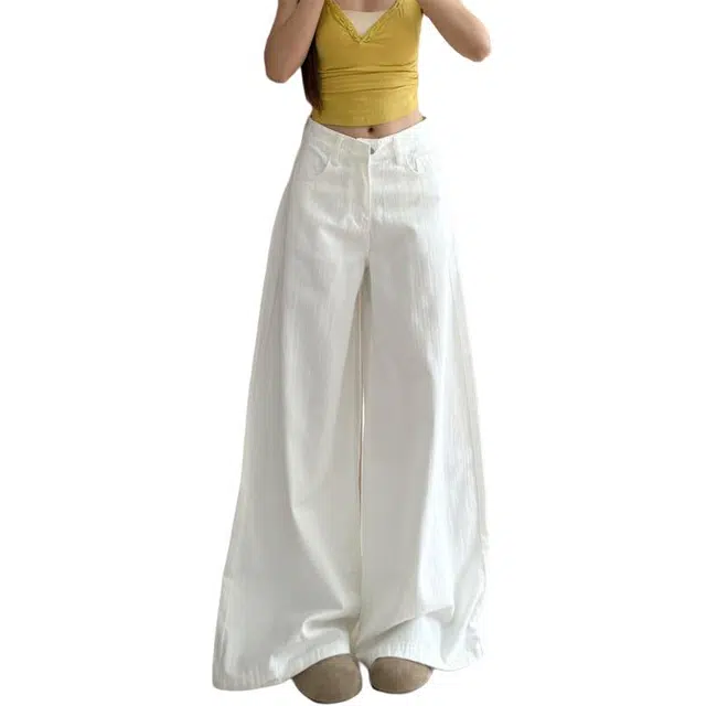 宝米卡 白色纹理褶皱阔腿夏季薄款高腰宽松遮肉显瘦垂感拖地裤子牛仔裤 男女同款