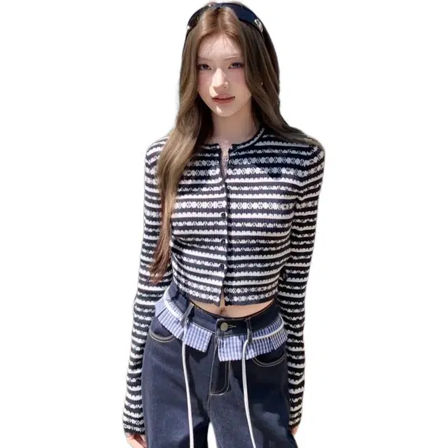 小卷要加油 韩系小香风条纹长织开衫女秋季时尚百搭修身显瘦上衣针织衫 女款