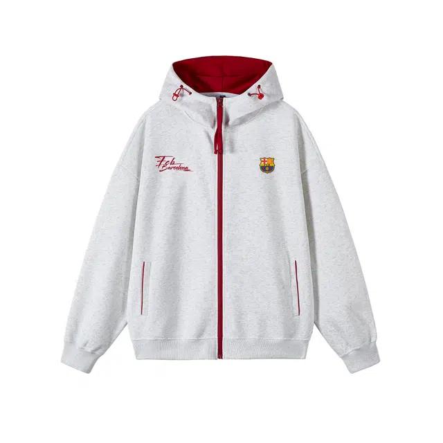 巴塞罗那足球俱乐部 美式简约复古高街拼接撞色字母宽松休闲舒适潮流百搭秋通勤运动拉链连帽开衫长袖外套情侣学院风卫衣 男女同款