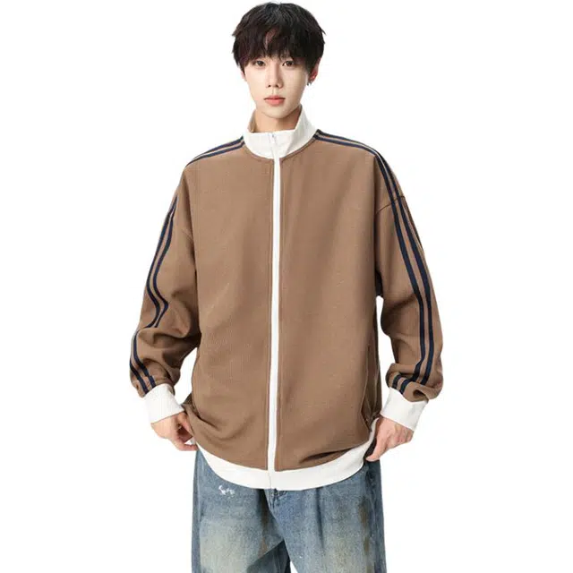 洋气先生 洋气潮牌美式复古系列高街撞色拼接侧边基础两条杠条设计纯色立领拉链长袖休闲舒适日常通勤户外徒步简约百搭上衣卫衣 男女同款