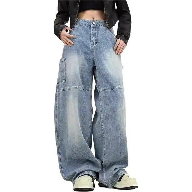 宝米卡 美式复古时尚水洗做旧印花秋季宽松阔腿弯刀长裤子牛仔裤 男女同款