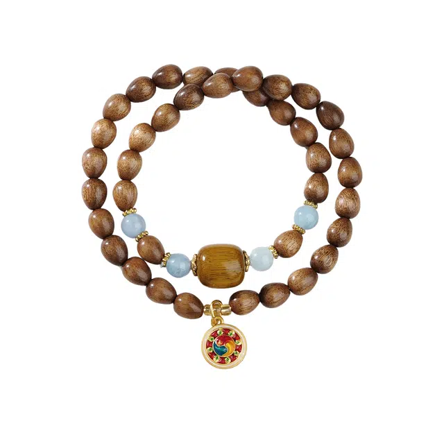 子婳 招财进宝吉祥如意新中式国风国潮时尚设计双圈叠戴文玩盘玩木质佛珠念珠高级感手饰 楠木 木作手串 男女同款情侣款