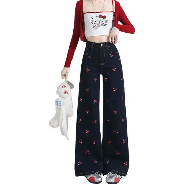 如续 樱桃刺绣阔腿宽松遮肉小众设计感直筒牛仔裤 女款