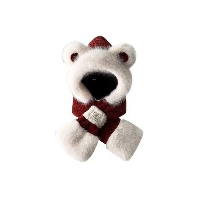 恩僾德 小熊一体高颜值显脸小防寒保暖加厚绒骑车套头 聚酯纤维 绒线帽 男女同款情侣款