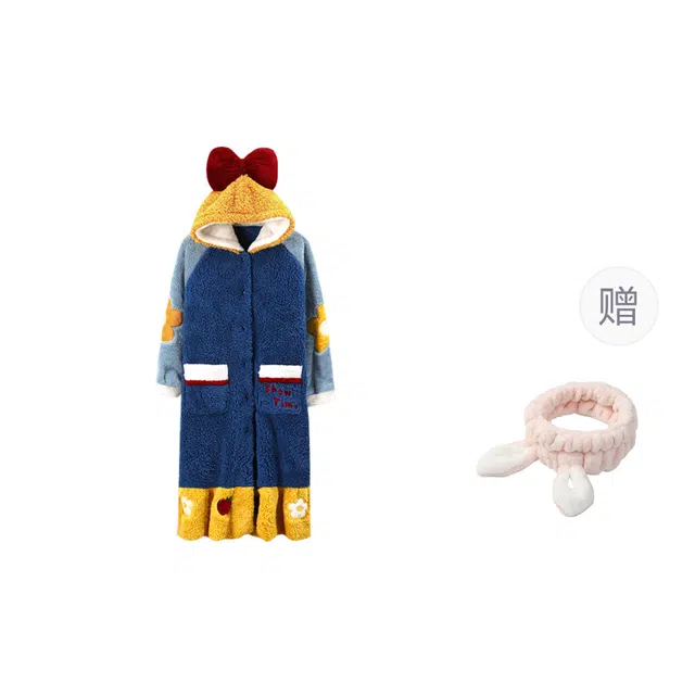 俞兆林 高级感花朵卡通柔软保暖珊瑚绒长款连帽浴袍甜美少女舒适睡衣家居服睡袍 秋冬季 女款