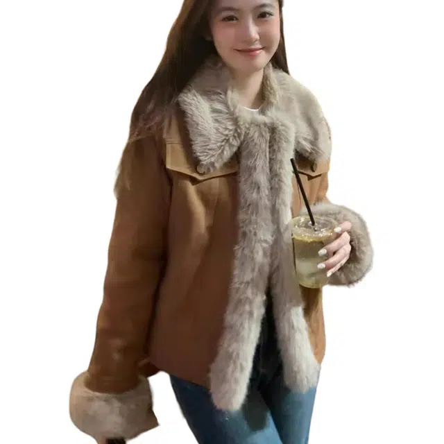 囍鱼少女 美拉德复古牛仔女秋冬加厚短款拼接毛毛上衣棉服绒感外套 女款