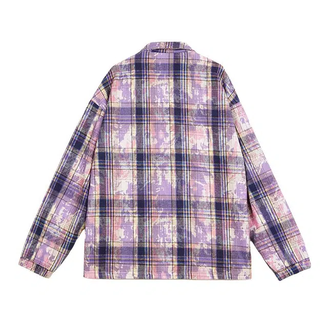 棉基因 春秋季格子渐变扎染拉链国风文艺痞帅高级感时尚个性街头防晒衬衣港风青少年感叠穿学生减龄感基础款日系复古外套衬衫 男女同款