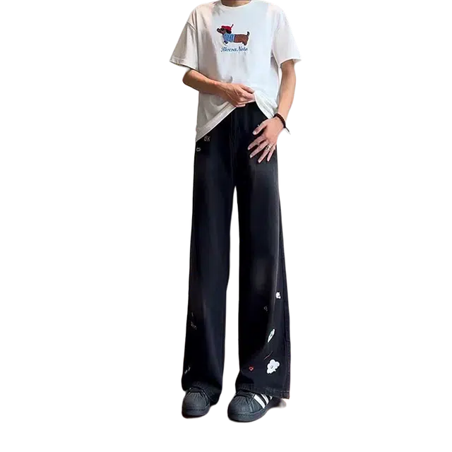 一碗士多 拼接水洗做旧卡通印花美式复古直筒高街时尚流行痞帅个性高级设计日常通勤宽松舒适百搭牛仔裤 男女同款