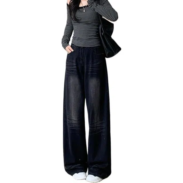 如续 美式复古设计感阔腿拖地长裤潮流高街显瘦百搭舒适休闲牛仔裤 女款