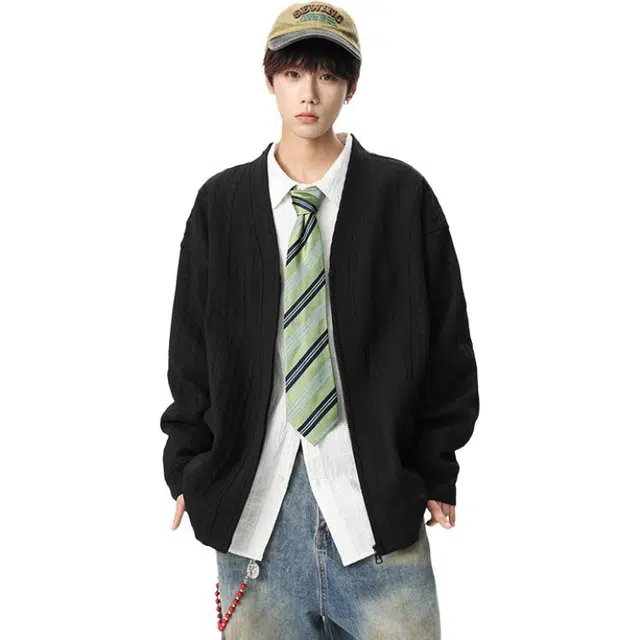 洋气先生 潮牌街头户外复古简约纯色肌理感拉链设计基础百搭时尚舒适潮流随性慵懒保暖宽松落肩无性别主义休闲长袖开衫上衣卫衣 男女同款