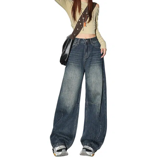 如续 美式弯刀阔腿垂感宽松显瘦设计感直筒拖地牛仔裤 女款