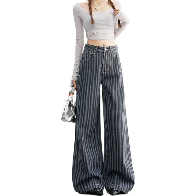 如续 双色复古条纹阔腿宽松美式高街显瘦辣妹直筒牛仔裤 女款