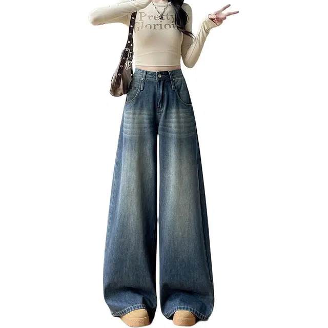 如续 复古水洗阔腿宽松显瘦时尚百搭垂感休闲直筒牛仔裤 女款