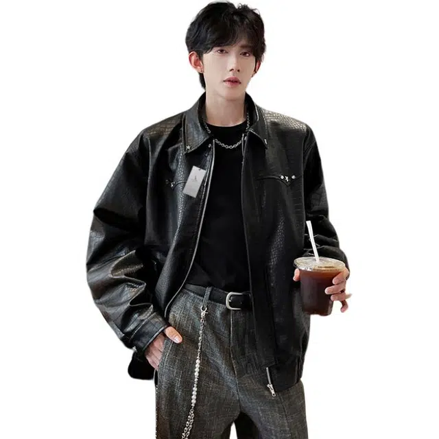 袋鼠 秋冬设计感皮衣港风时尚高街慵懒松弛氛围情侣百搭舒适休闲流行外套夹克 男女同款