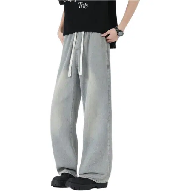 太子龍 美式高街秋冬季街头宽松直筒休闲潮流抽绳磨白牛仔裤 男女同款