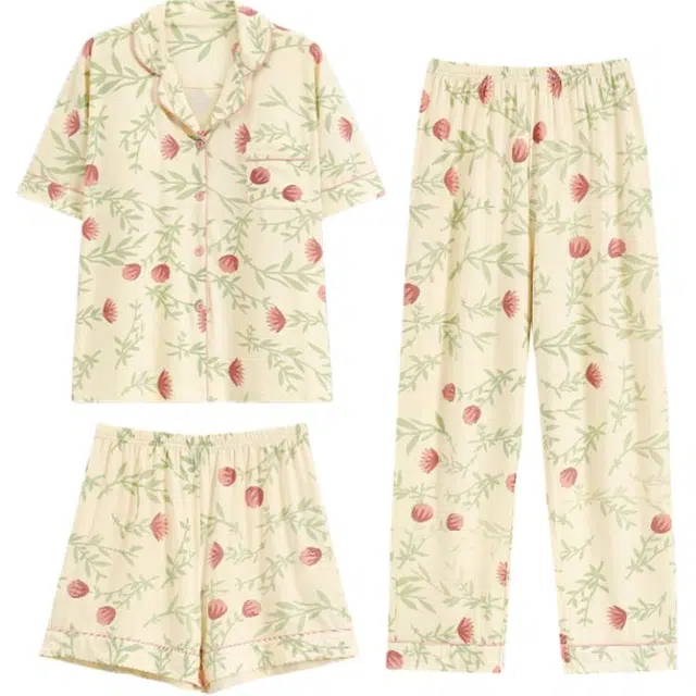 浮光岛屿 莫代尔实用带胸垫翻领短袖短裤三件套高级感家居服植物花卉宽松长裤休闲可外穿睡衣套装 女款 礼盒款 杏色
