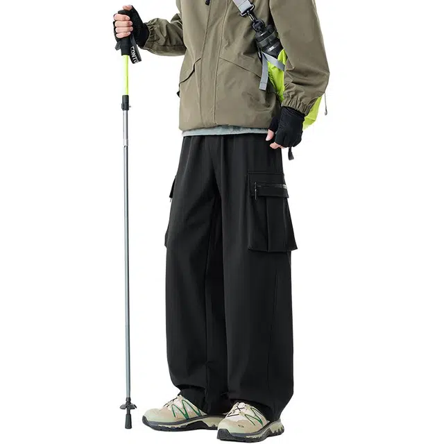 协协乐 山系户外高街机能风三防面料秋冬季战术裤美式潮牌宽松直筒阔腿垂坠感青少年弹力抽绳百搭痞帅休闲运动长裤工装裤 男款