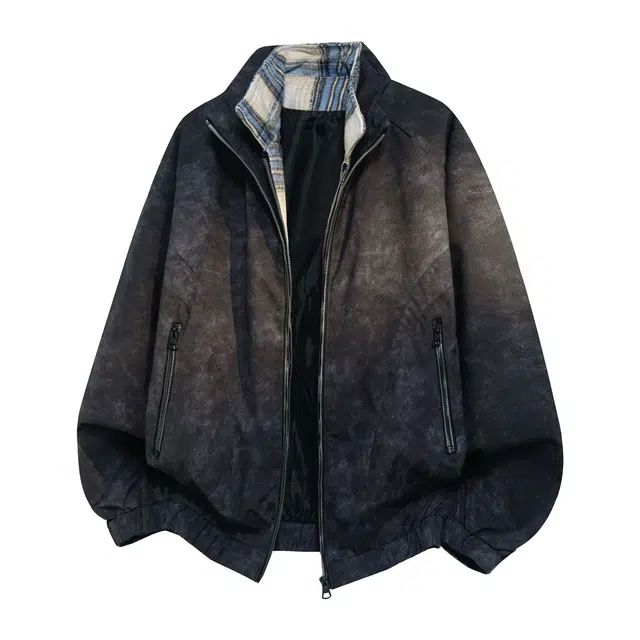 蓝精灵  美式高街潮牌复古简约满印扎染痞帅高级感显高显瘦防风防水假两件拉链开衫外套日常通勤舒适宽松情侣潮流百搭休闲夹克 男女同款