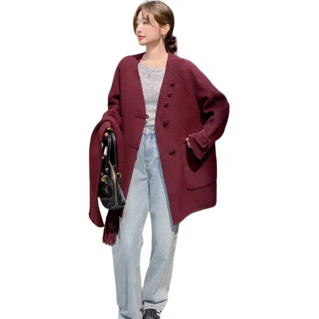 稻草人 小众设计感法式宽松小个子呢外套大衣 女款