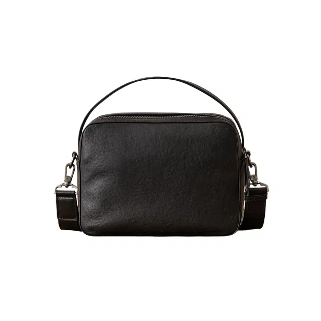 后步 小众高级感设计多功能简约休闲百搭日常通勤 头层植鞣牛皮 单肩手提包 中号 男女同款情侣款 黑色